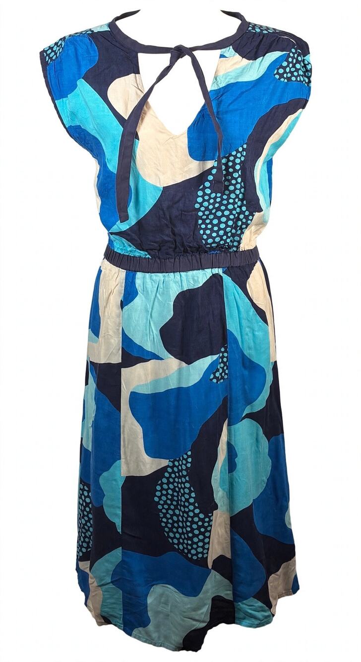 Bald Head Blues Blue Abstract Tie Neck Midi Dress L 100% Cotton